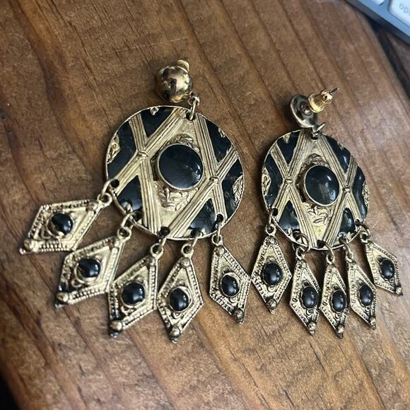 Vintage 80s 1980s HUGE Gold and Black Stone Oversized Chandelier Earrings A1 - Picture 2 of 6